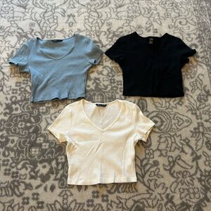 Set of 3 V-Neck Ribbed Tops - Black, Blue, and White